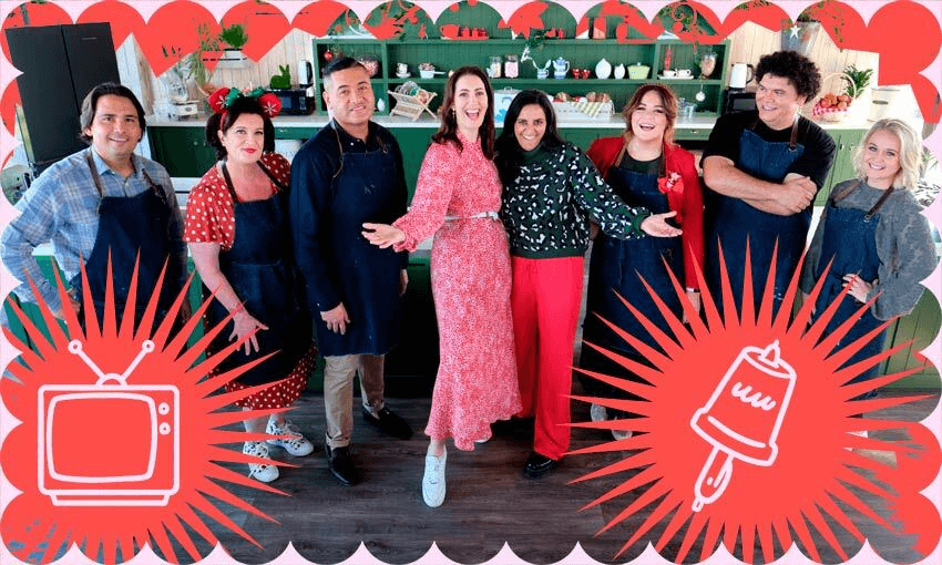 Look at all these famous people. Left to right: Simon Bridges, Justine Smith, Francis Tipene, Bake Off hosts Hayley Sproull and Madeleine Sami, Laura Daniel, Josh Thomson and Rebekah Randell (Photo: TVNZ/Tina Tiller) 
