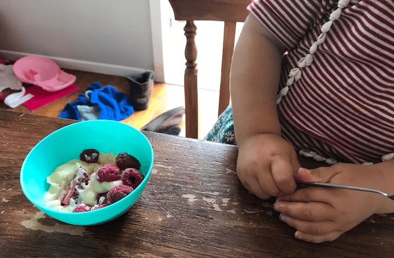 A little bowl with custardy pudding and raspberries on top. We can see the torso of a child recoiling from the bowl. 