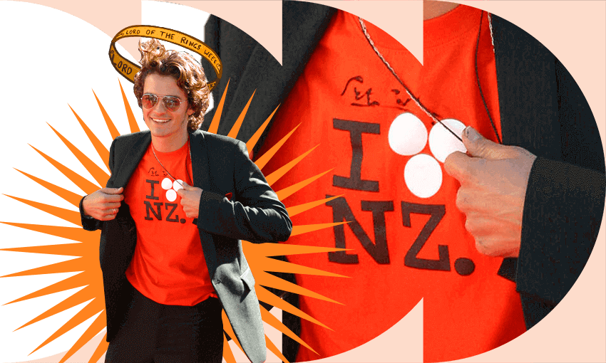 Actor Orlando Bloom wearing Huffer’s ‘I Luv NZ’ T-shirt. (Photo: Getty Images; additional design: Tina Tiller) 
