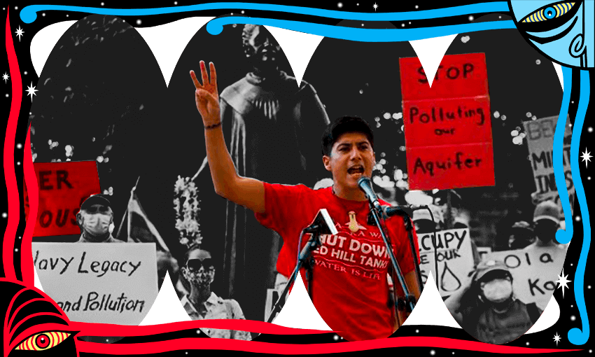 Kiaʻi Wai (water protectors) gathered at Hawai’i State Capitol to call on the US Navy to shut down Red Hill base, December 10, 2021. (Image: Oiwi TV/Tina Tiller)