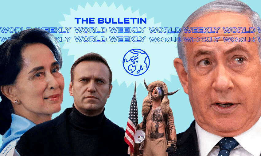 Making the news in 2021: Aung San Suu Kyi, Alexei Navalny, ‘QAnon Shaman’ Jake Angeli and Benjamin Netanyahu (Image: Tina Tiller) 
