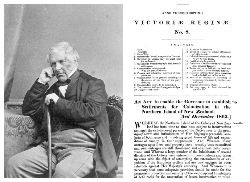 Left: black and white portrait photograph of an older man, seated, leaning on a cane, well-dressed. Right: an old-fashioned-looking document.