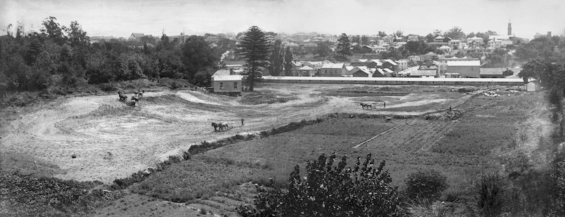 Black and white photo (actually two joined together so it's a wide landscape shot) of a market garden half ploughed out of existence by horse teams. Houses in background.