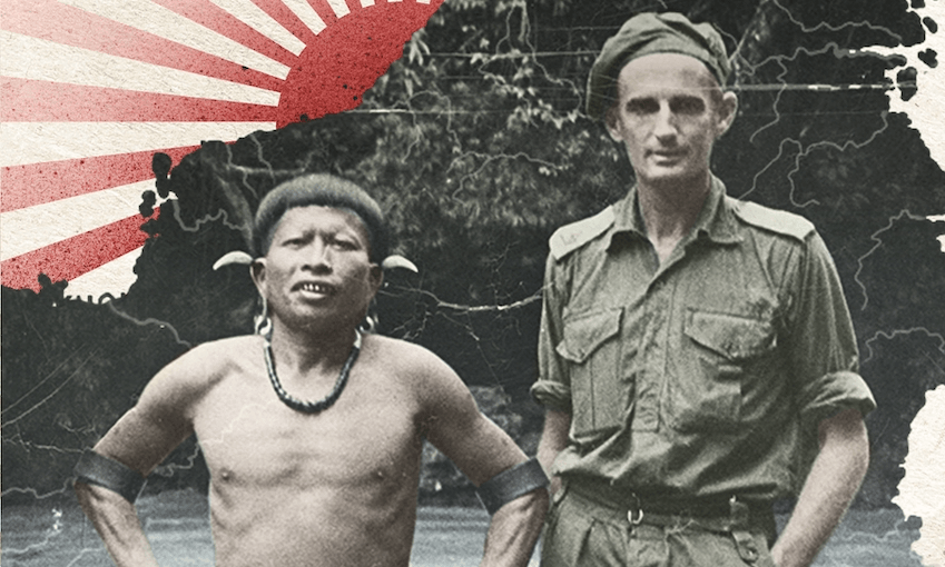 Black and white photograph showing two men, one shorter in indigenous Borneo dress, one tall skinny Pākeha in military dress. Design element of red rising sun has been added to the background.