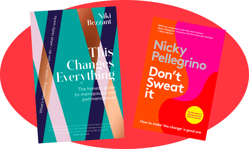 Covers of two books on red ovoid background