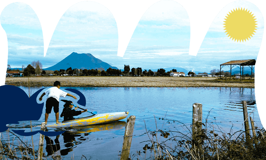 Kids navigate heavy flooding in Edgecumbe, 2004 (Photo: Michael Bradley / Getty Images; additional design by Tina Tiller)
