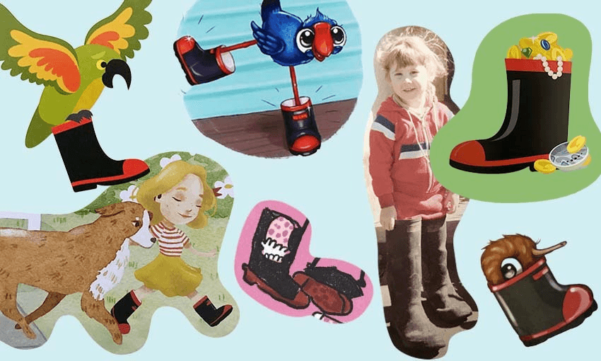 Collage of cut-out illustrations showing children's book characters wearing Red Bands. Also an image of a little girl wearing her dad's huge old gummies.