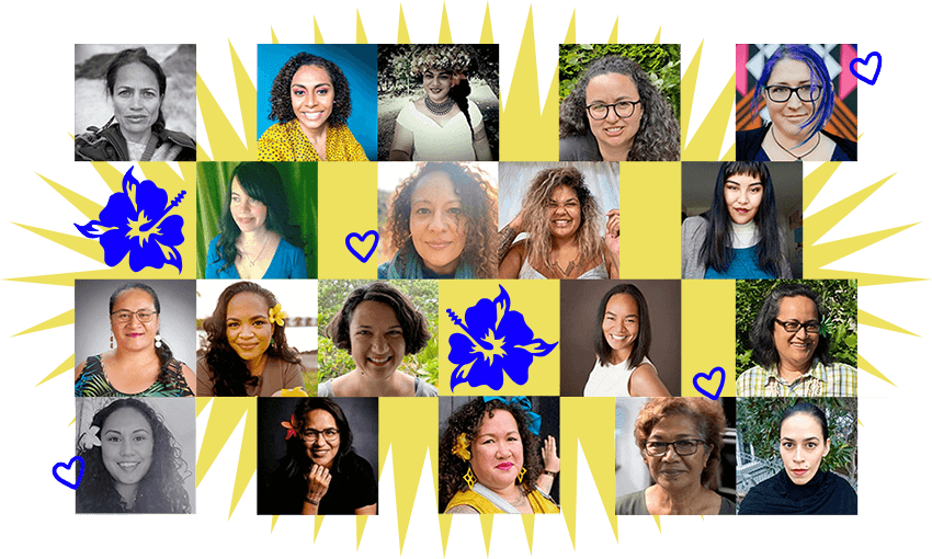 Collage of Māori and Pacific women set over exuberant illustration of yellow sunburst.