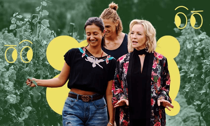Trae Te Wiki, Simon Mead and Rebecca Gibney star in Under the Vines (Image: TVNZ/Archi Banal