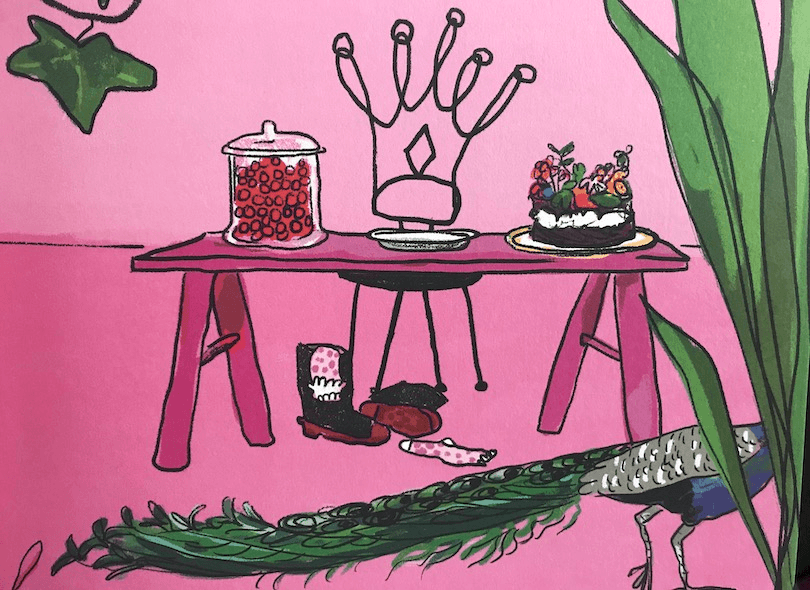 An illustration of a table set with an amazing cake, a jar of jaffas and a crown. Underneath a pair of kicked-off Red Bands. A peacock's strolling past, the walls and floor are bright pink.