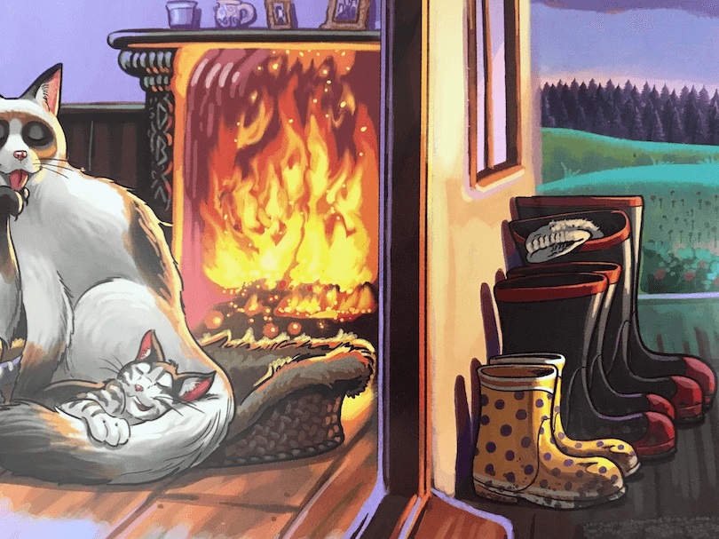 Illustration of a farmhouse at night – inside a cat licks her paw beside a fire, outside a line-up of Red Bands on the deck.