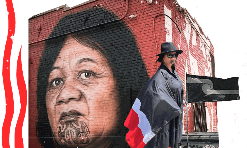 The last living co-designer of the tino rangatiratanga flag, Linda Munn (Photo montage: supplied/Tina Tiller) 
