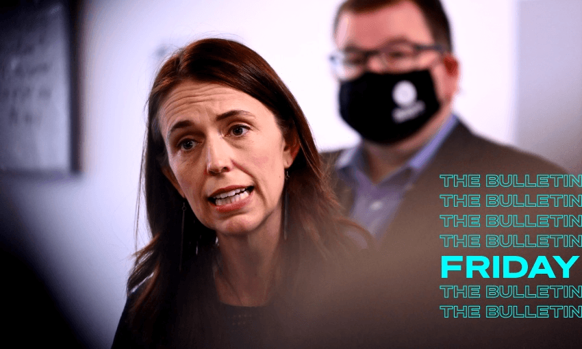 Jacinda Ardern speaking with media before her booster shot on Monday. (Hannah Peters/Getty Images) 
