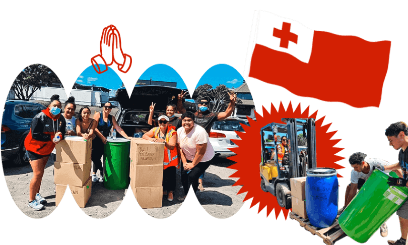Donations of food and water collected at Mt Smart stadium for families in Tonga. (Image: Tina Tiller) 
