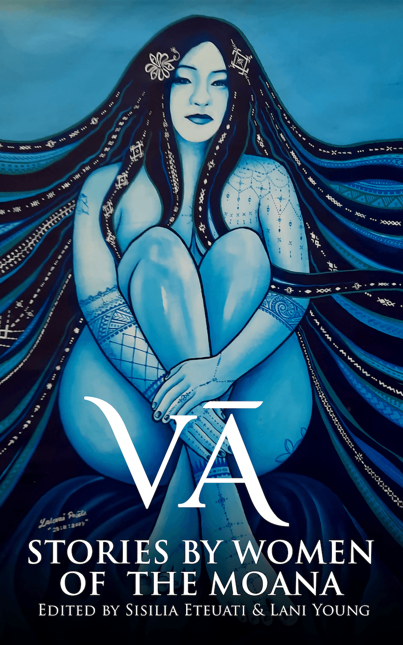 Stunning book cover, featuring a painting all in blues and blacks, of a Pacific woman seated, arms wrapped round her knees, hair spreading like seaweed. She looks confident and strong. 