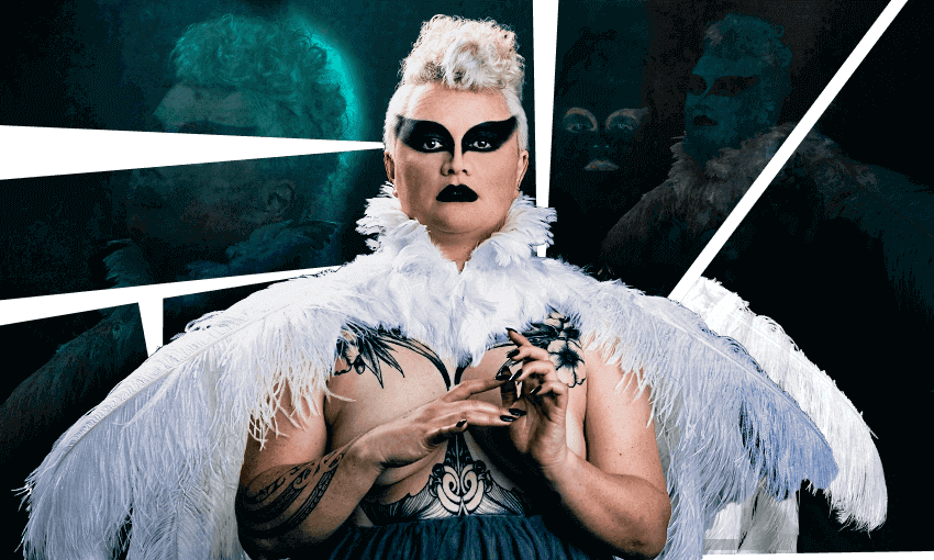 Photograph of a woman in magnificent creepy bird costume, staring straight to camera.