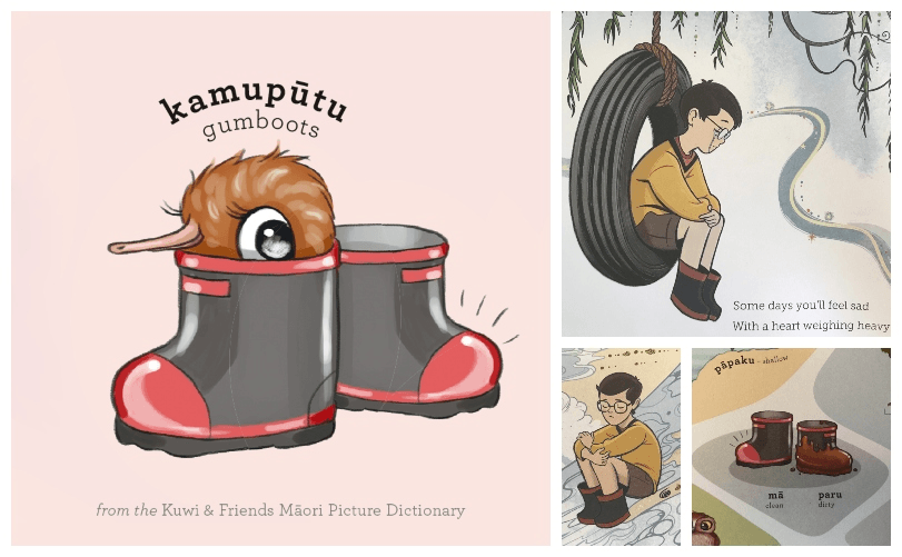 Four illustrations from children's books: two are cute drawings with a little kiwi nestled in the top, the other two are a sad-looking boy wearing Red Bands.