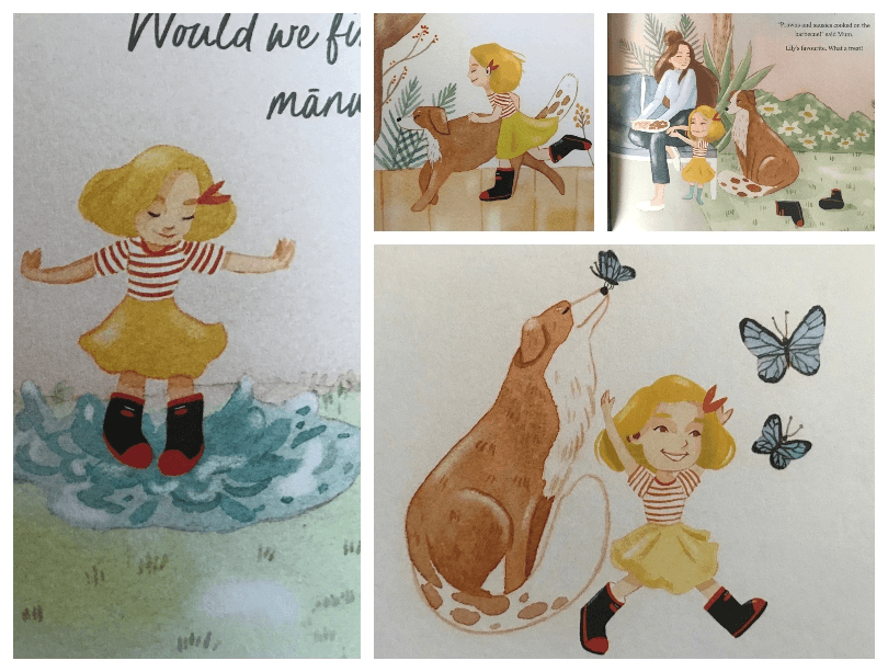 Four photos of illustrations showing a little blonde girl in a yellow dress and Red Band gummies. A dog features in lots of them. Much skipping and frolicking.