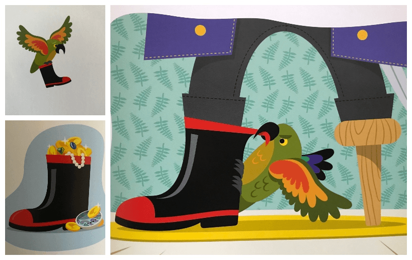 Three illustrations, all bold and bright, featuring a pirate and his gumboot, and a parrot. 