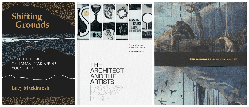 Three book covers, all moody dark blues, browns, stark white. 