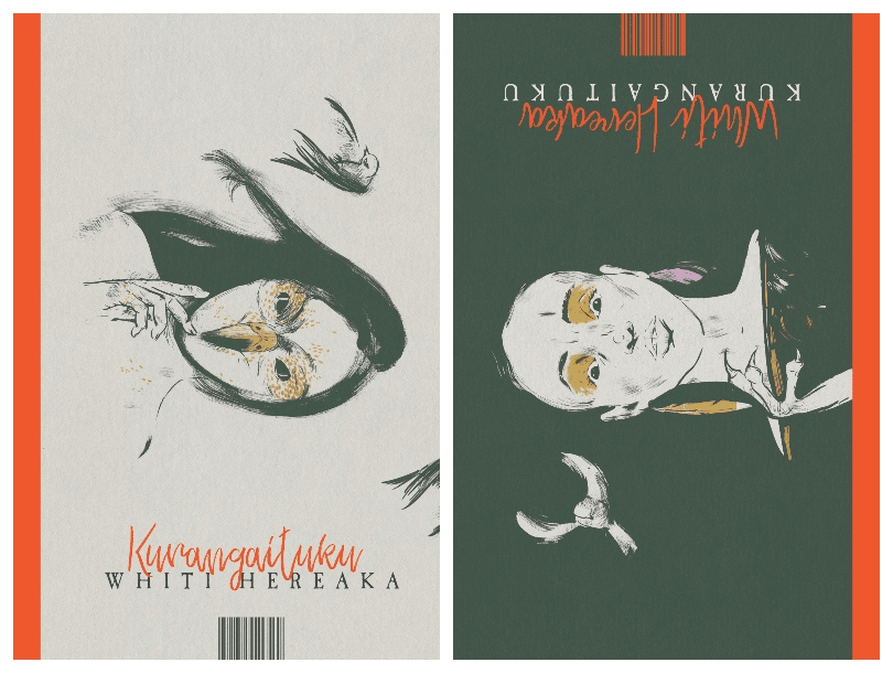 Two book covers, similar aesthetic but one white on black, the other black on white, featuring a woman's face and a bird.