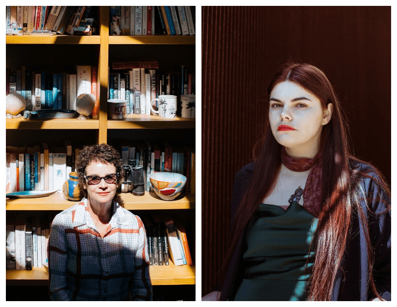 Photographic portaits of two women, one middle-aged in front of a bookcase glowing with sun, the other younger, on a dark background in dark clothes. 