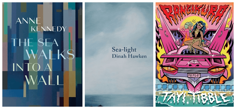 Three poetry books, two cloudy, sea-tones, one (Rangikura) hot pink street art.