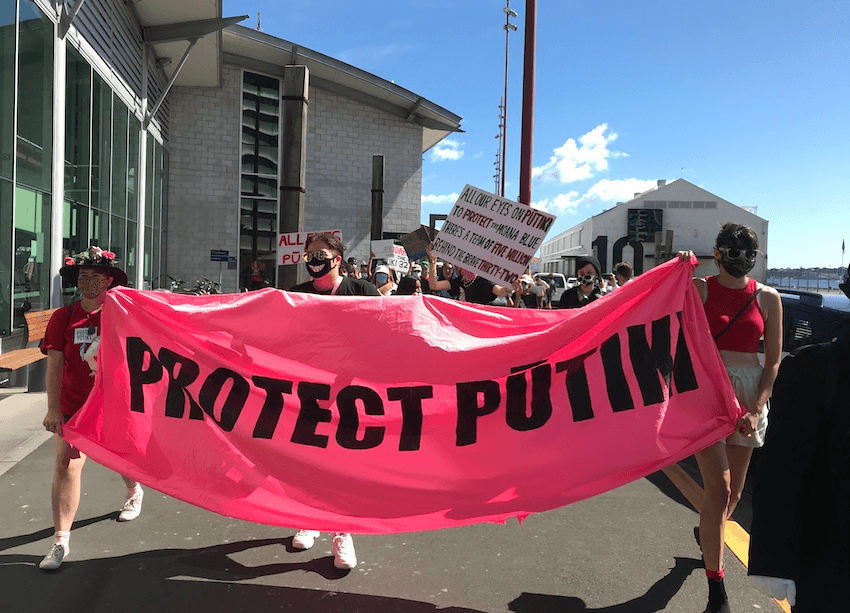 Members of the Protect Pūtiki hīkoi about to head to the High Court (Photo: Charlotte Muru-Lanning) 
