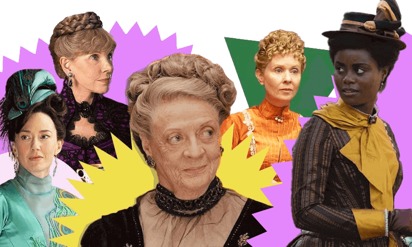 From left to right: Carrie Coon as Brenda Russell, Christine Baranski as Agnes van Rhijin, Dame Maggie Smith as the Dowager Countess Violet Crawley (obvs), Cynthia Nixon as Ada Brook and Denee Benton as Peggy Scott. (Image Design: Tina Tiller and Archi Banal) 
