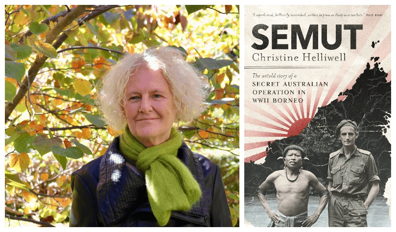 Head and shoulders photo of an older white woman, backdrop of autumn foliage. Book cover featuring two men, one indigenous to Sarawak, one Pākehā in military dress.
