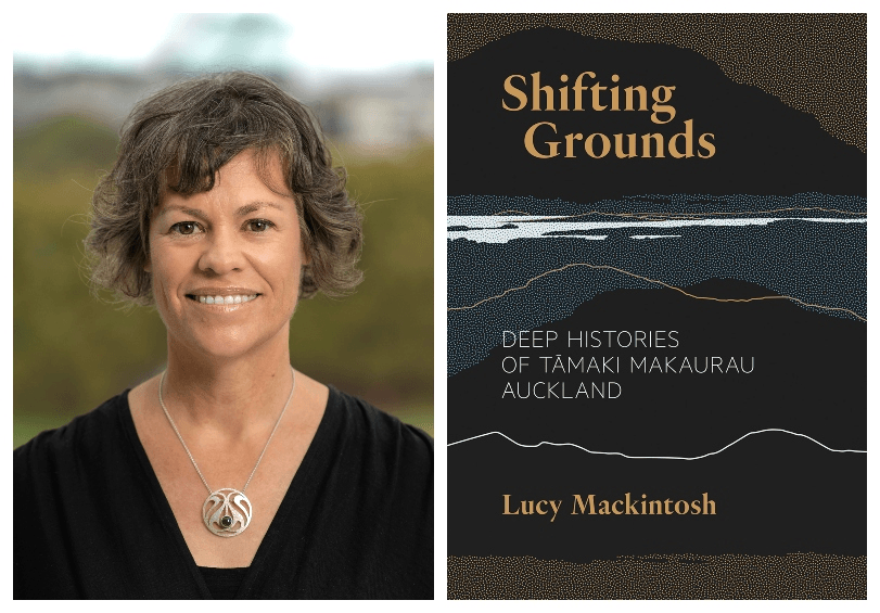 Head and shoulders photograph of a Pākehā woman, dark haired, smiling to camera. The dark, gorgeous cover of her book, dominated by simple drawing of a landscape.