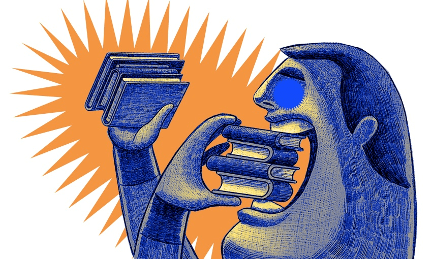 Illustration of a man with enormous head, gobbling handsful of books like sandwiches.