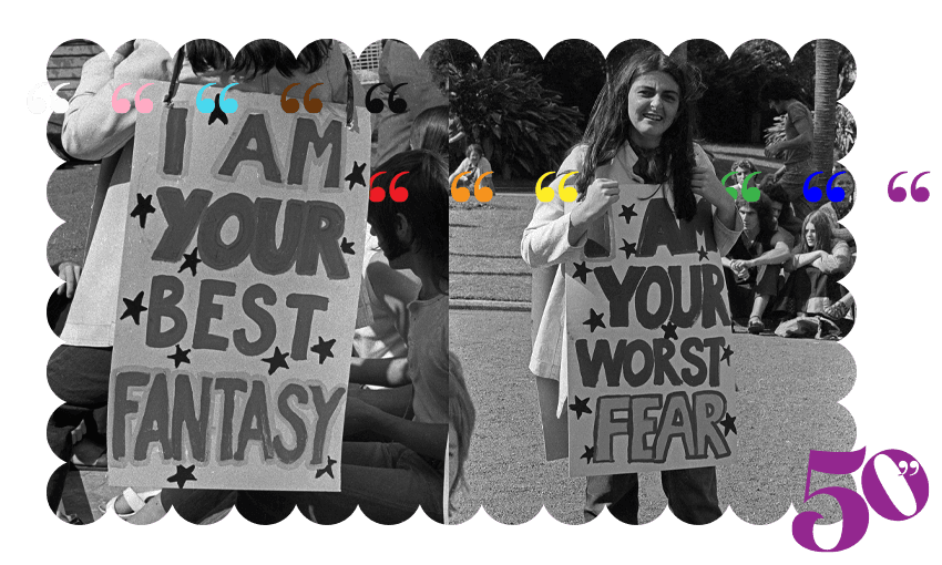 Caterina De Nave walks at a gay liberation event in 1972 (Images by John Miller, design by Tina Tiller) 
