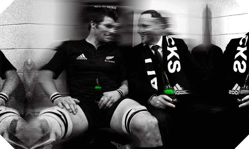 All Blacks captain Richie McCaw and PM John Key have a beer following a Bledisloe Cup match, 2009 (Photo: Ross Land/Getty Images; additional design by Tina Tiller) 
