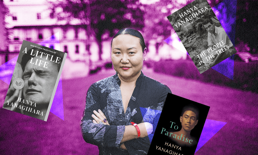 A Japanese/Korean-American woman stands arms crossed in a garden, in front of a grand building. Purple wash on background. In foreground, covers of three novels arranged around her. She is smiling slightly defiantly.