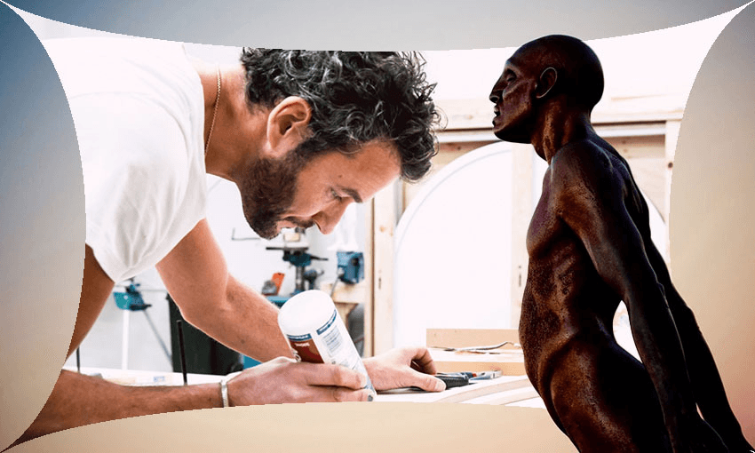 Max Patte, the sculptor behind Solace in the Wind (right), hard at work in his studio. (Photos: Supplied, Image Design: Archi Banal) 
