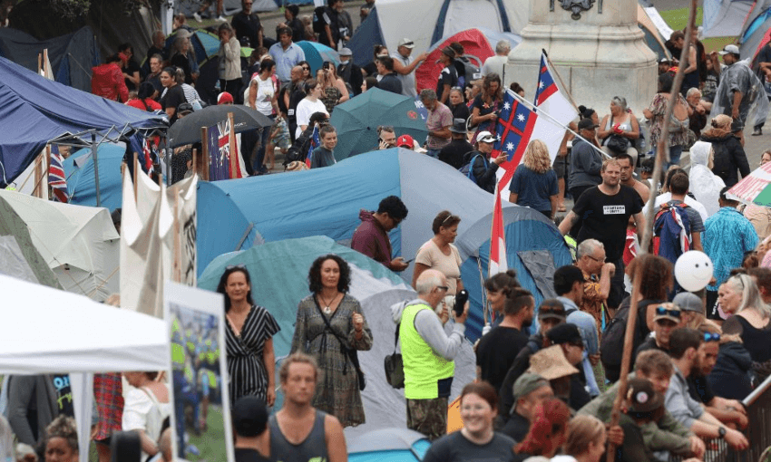 Protesters encamped at Wellington’s parliament grounds in February. (Photo: Marty Melville/AFP/Getty) 
