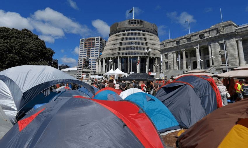 The protesters’ tent village at parliament in Wellington (Photo: DAVE LINTOTT/AFP via Getty Images) 
