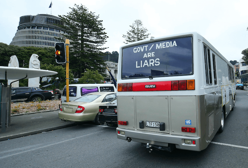 A protester’s bus blocking a street near parliament on February 11 (Photo: Getty Images) 
