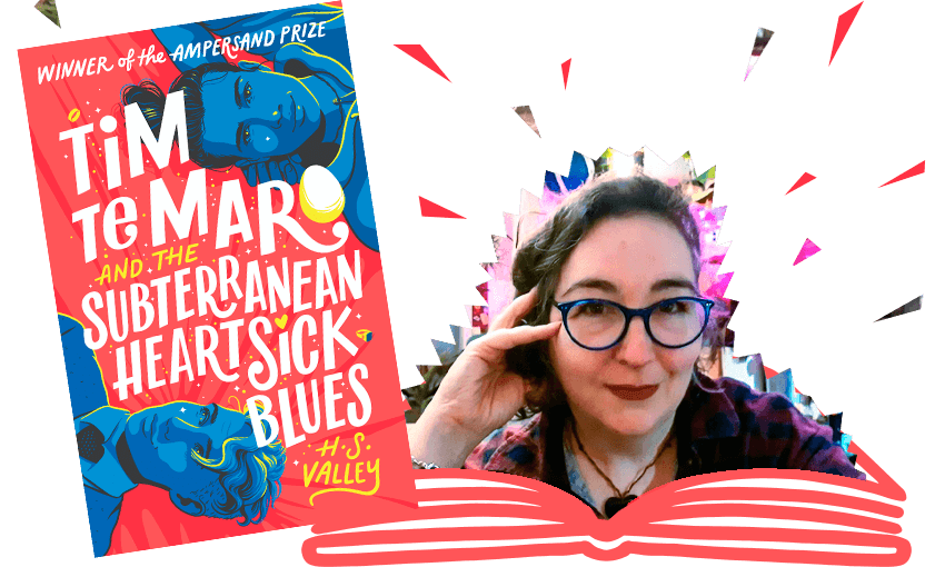 Bright breezy book cover showing torsos of two young men, illustrated in happy bright blue. Beside the cover, photo of a smiling woman wearing glasses, illustration of a book open in front of her.
