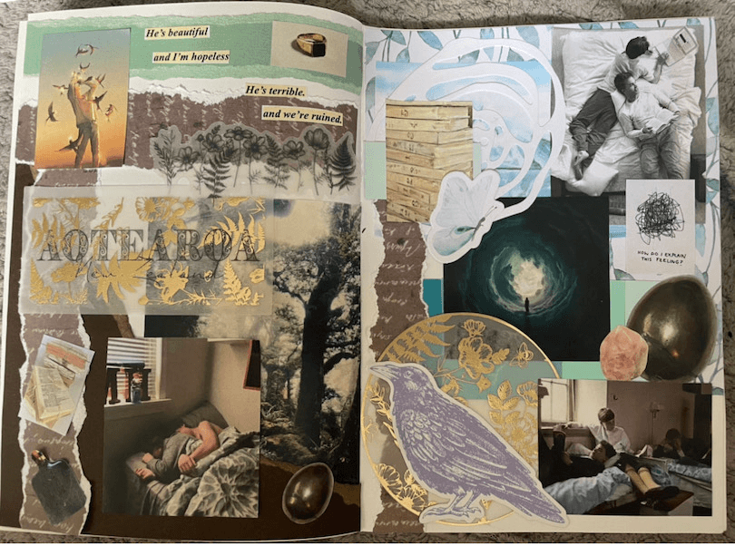 Scrapbook open showing double spread of images – two teenage boys relaxing in bed, birds, huge eerie trees and tunnels.