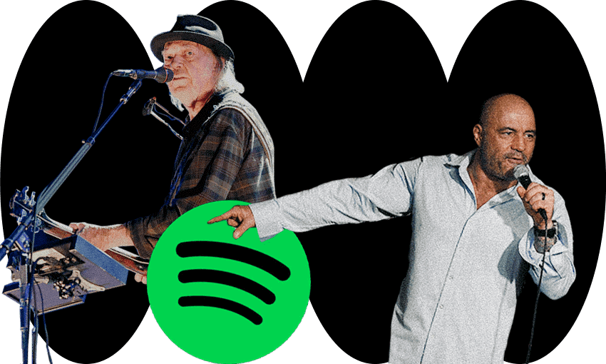 Neil Young, left, and his former Spotify stablemate, podcaster Joe Rogan, right (Image: Tina Tiller) 
