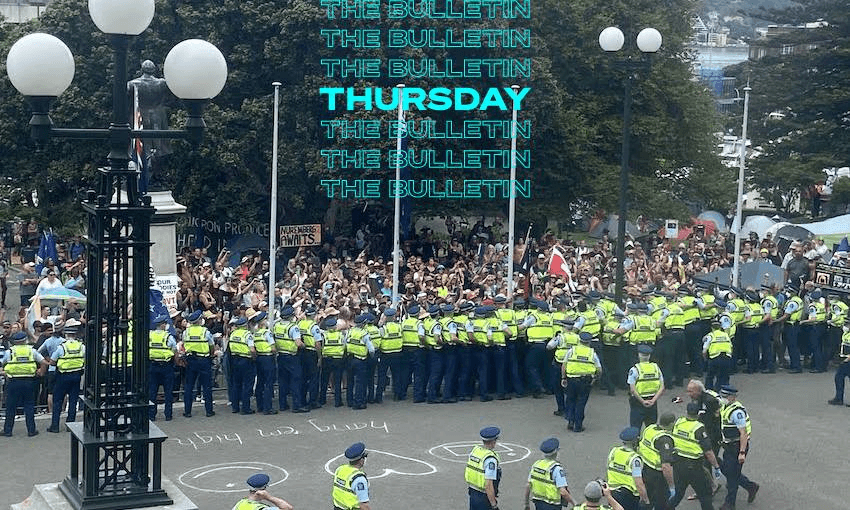 Police arrest three as a group of protesters try to push through to parliament. (Justin Giovannetti/The Spinoff)