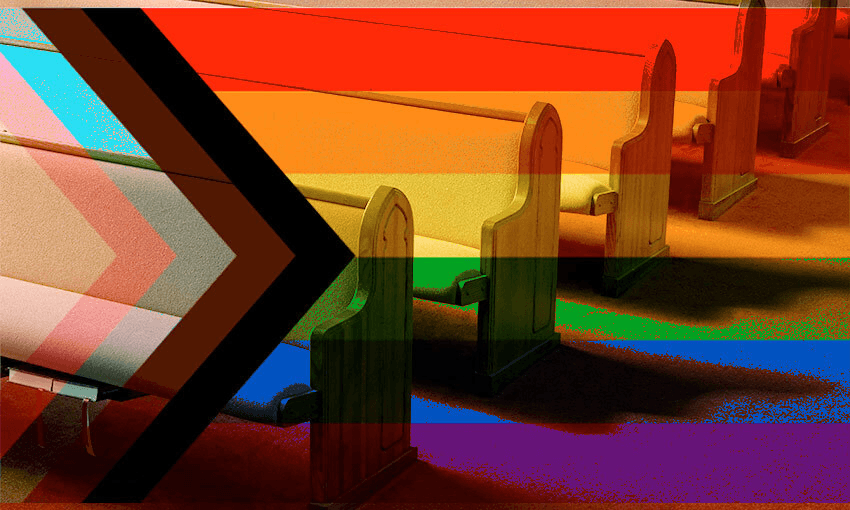 Church pew with a rainbow flag superimposed