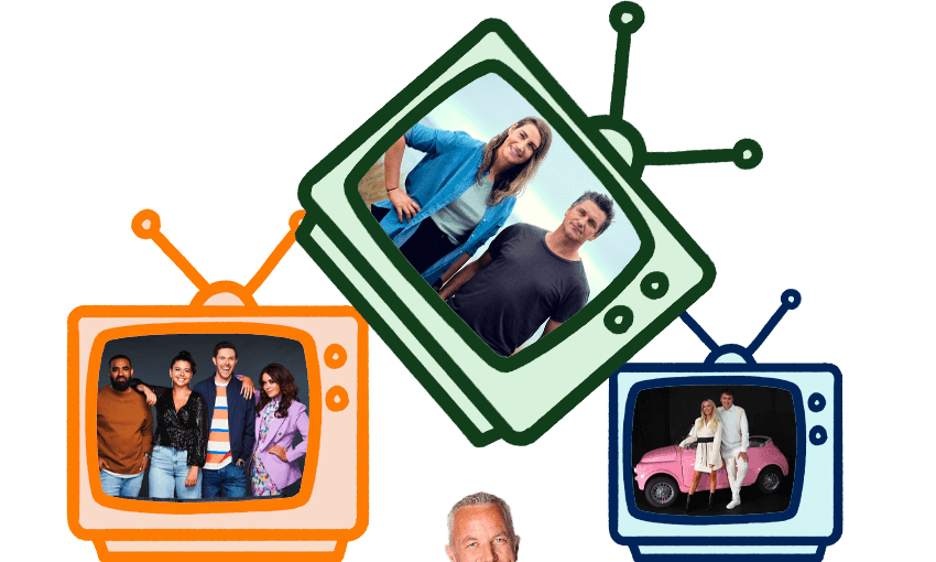 The hosts of, from left< 60 Seconds, Celebrity Treasure Island and Snackmasters NZ, with a guest appearance from Block NZ host Mark Richardson (Image: Tina Tiller)
 
