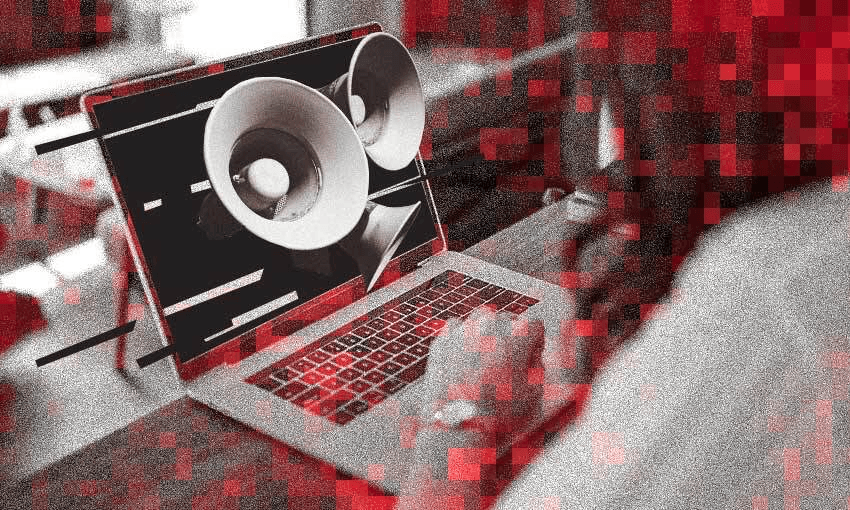 A person types on a laptop displaying a graphic of two megaphones. The image features a red and black digital glitch effect.
