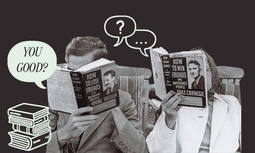 Black and white photo showing a man and woman sitting in adjacent chairs, holding the book "How to win friends and influence people", plus a spinoff of same, in front of their faces.