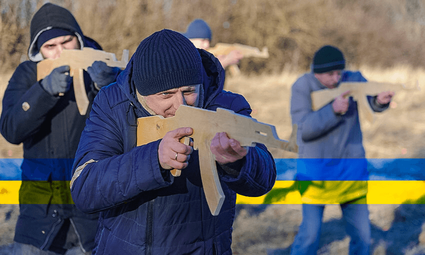 Ukrainians take part in military training for civilians as part of the Don’t Panic! Prepare! campaign, amid threat of Russian invasion. (Photo: Mykola Tys/SOPA Images/LightRocket via Getty Images, additional design by Tina Tiller) 
