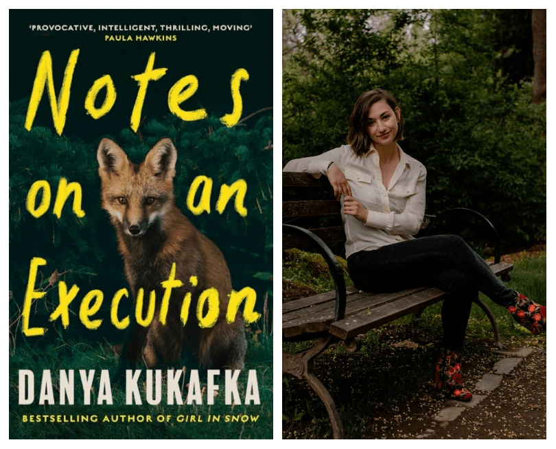 Book cover showing a fox looking brightly straight at camera. Portrait of a young woman on a park bench, sitting legs crossed, smiling slightly.