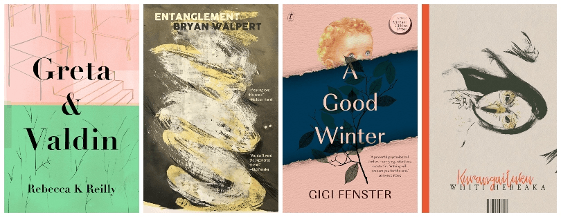 Four book covers, overall effect is light pinks and beiges. 